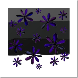 A Rain of Gothic Daisies - Hand Drawn Design with Dark Purple and Dark Blue Petals Posters and Art